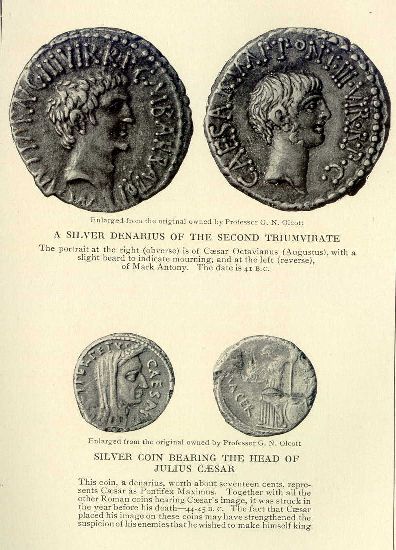A silver denarius of the Second Triumvirate.