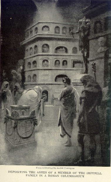 Depositing the ashes of a member of the imperial family in a Roman columbarium.