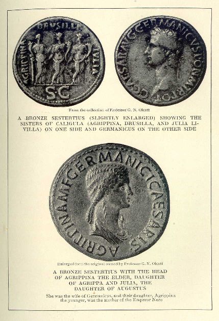 A bronze sestertius (slightly enlarged), showing th