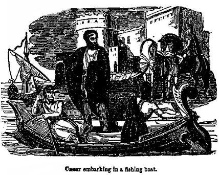 Cæsar embarking in a fishing boat.