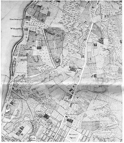 MAP OF OLD GREENWICH VILLAGE. A section of Bernard
Ratzer's map of New York and its suburbs, made in the Eighteenth
Century, when Greenwich was more than two miles from the city.