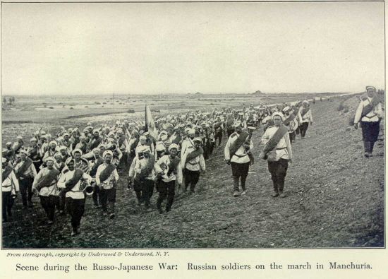 Scene during the Russo-Japanese War: Russian soldiers on the march in Manchuria.