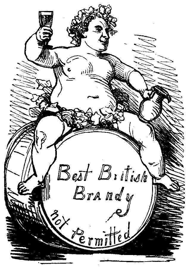 Bacchus straddling a barrel marked 'Best British Brandy Not Permitted'