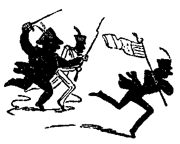 A man carrying a flag, running from soldiers with swords bared