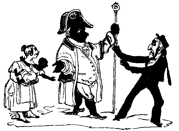 A PUNCH character is warding off a large black man in colonial regalia who is presenting a white woman with a black baby.