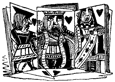 The Jack, King, and Queen of Hearts with tears running down their faces.