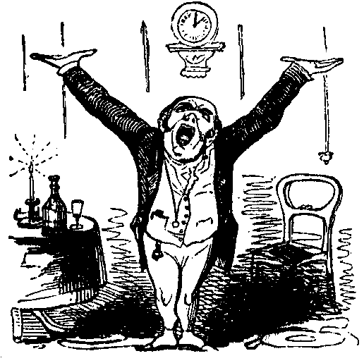 A pontificating man with his arms outstretched in the shape of a Y.