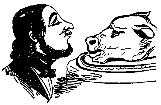 Profile of a bearded young man's head, face to face with a cow's head on a platter.