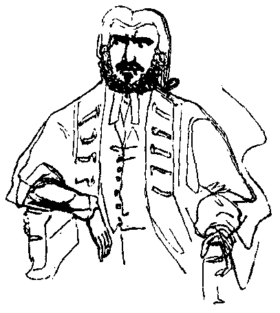 A seated bearded man wearing a wig and robes.