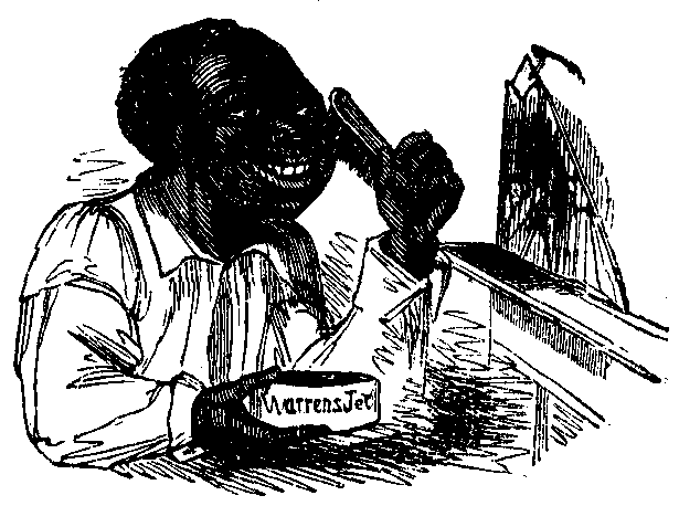 A black man applies Marrens Jet shoe polish to his face.
