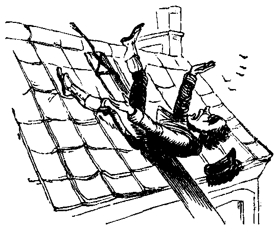 A man falling backwards off of a steep roof.