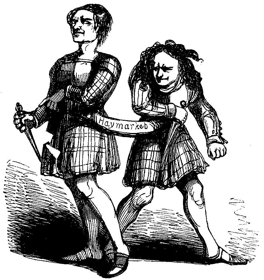 Two men in kilt costume: one is standing haughtily upright, the other is hunched over. They are tied together with a sash that reads 'Hay Market'.