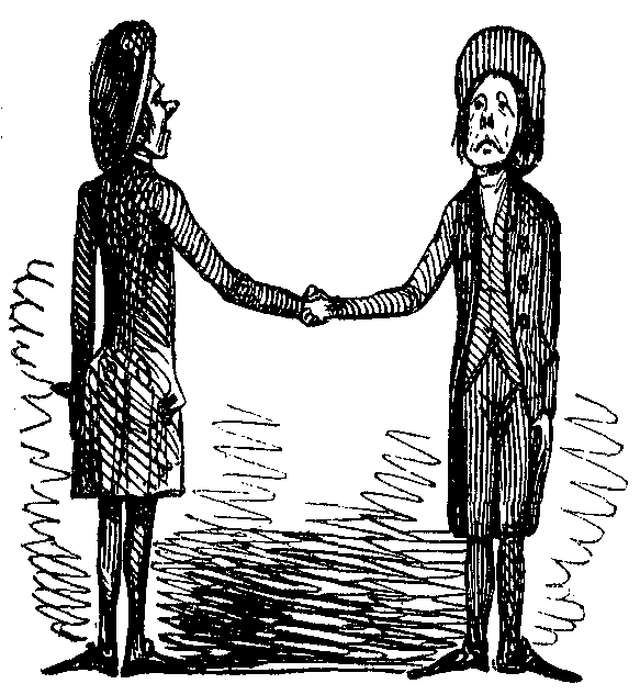 Two slender men are shaking hands. Their bodies form the letter H.