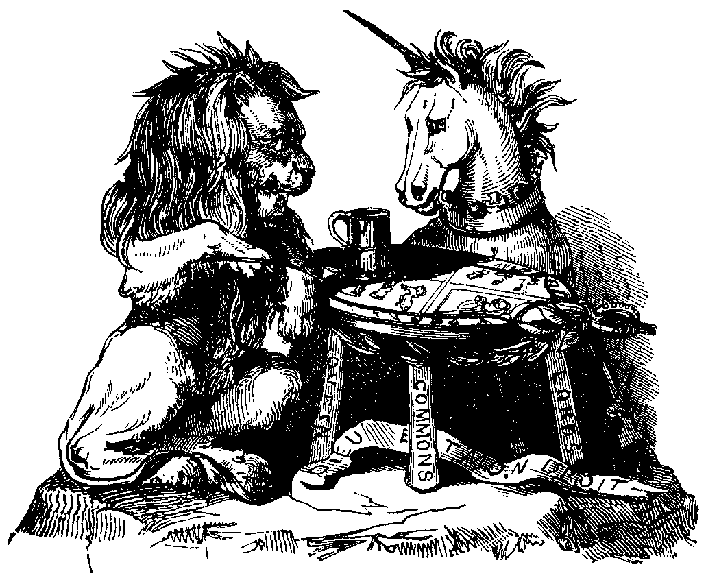 A Lion and a Unicorn sit with a tankard by a table with legs marked 'Queen,' 'Commons' and 'Lords.'