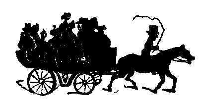 A silhouette of a group of people riding in an open carriage.