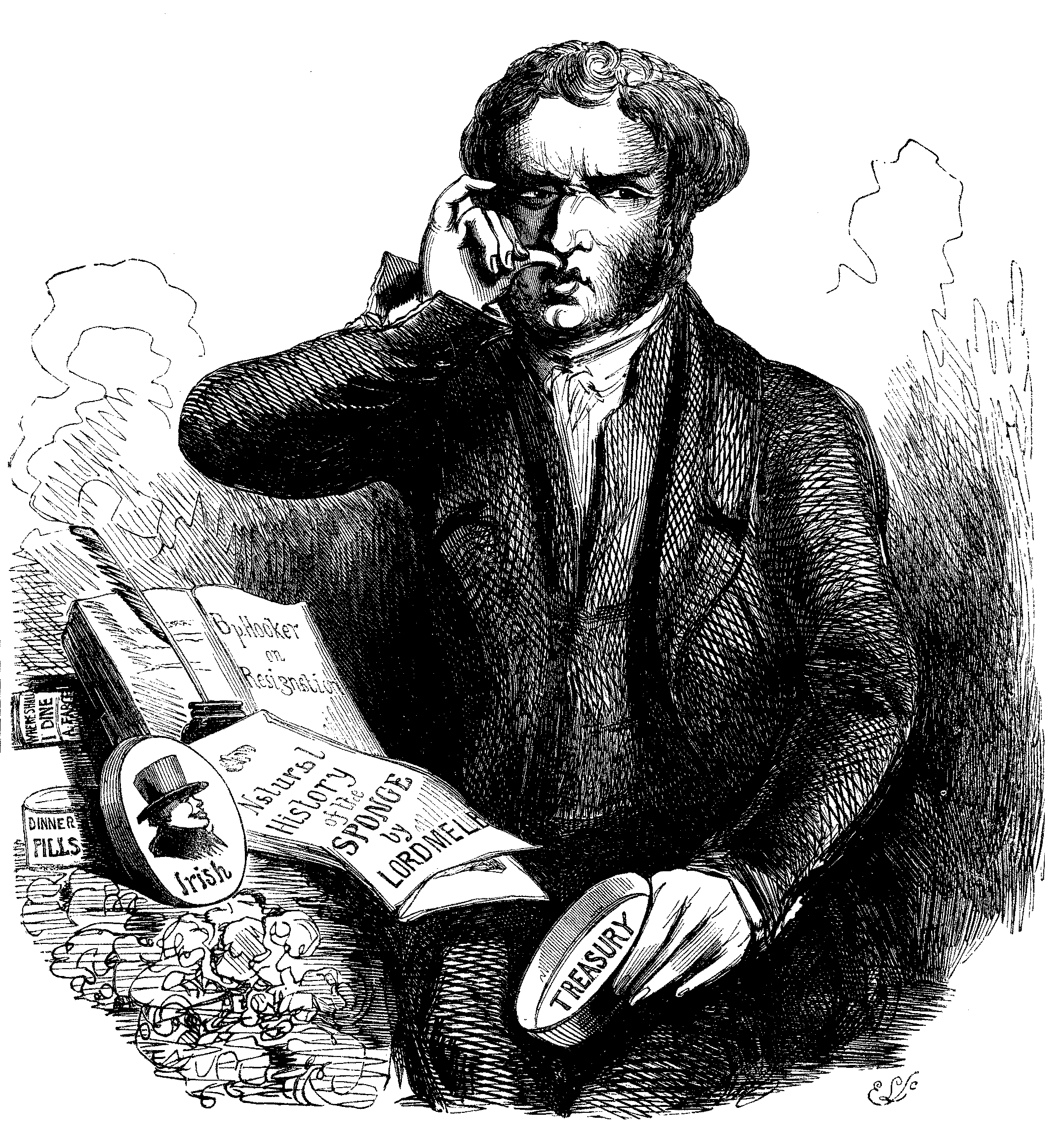 A gentleman taking snuff from a box marked 'Treasury', surrounded by pamphlets and books, one of which says 'Natural History of the Sponge by Lord Melb'