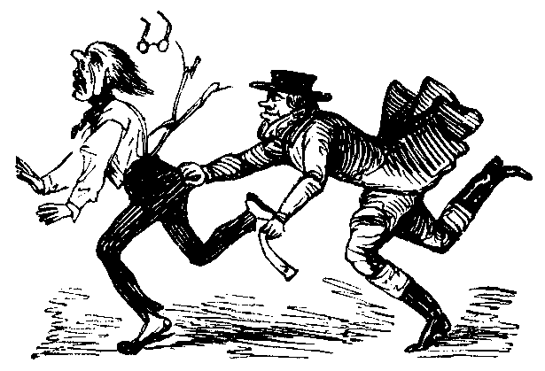 An official-looking man grabs a running-away man by the pants.