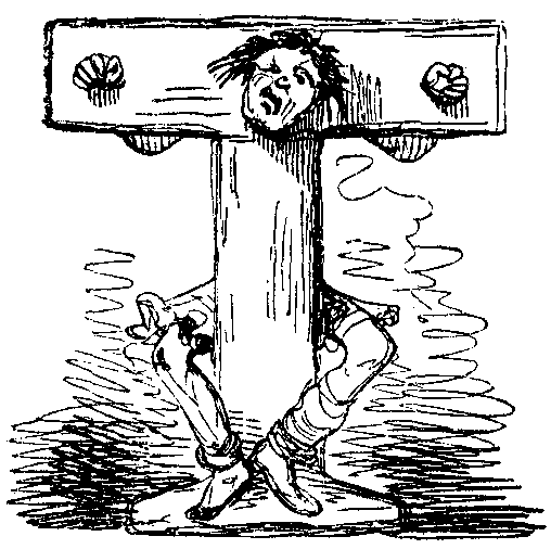 A man in stocks forms the letter T