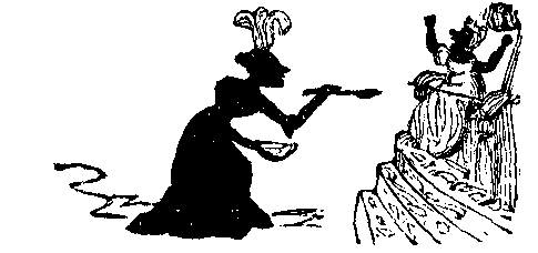 A woman courtier tries to feed a screaming princess while in a curtsey.