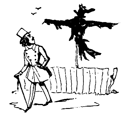 A nicely dressed man passes by a scarecrow.
