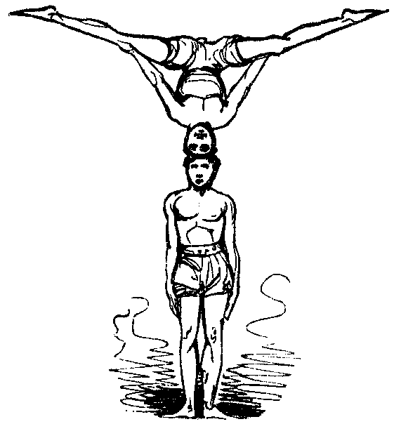 A man balances another on his head and forms the letter T