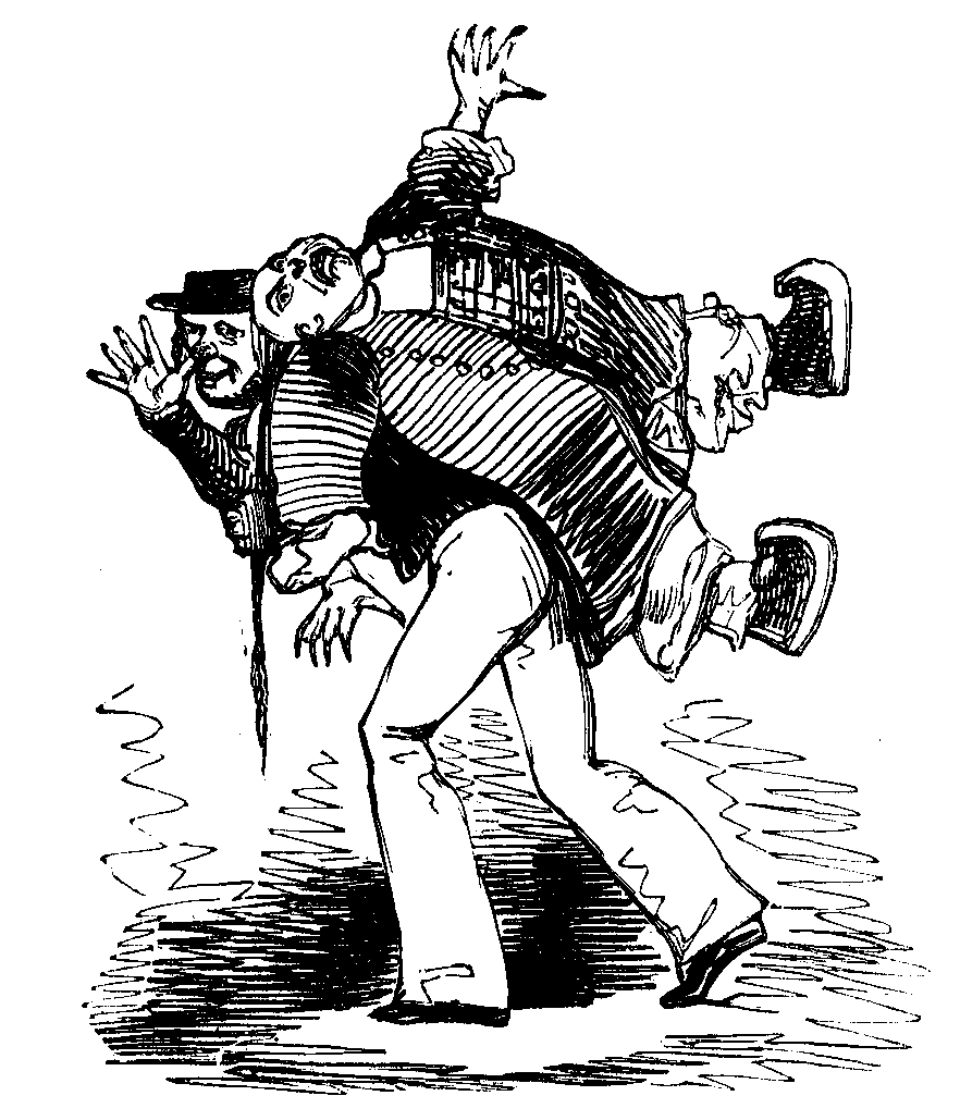 A man thumbs his nose while carrying a Chinaman on his back