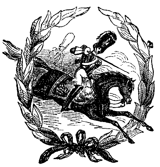A man on a horse charges through a laurel wreath in the shape of an O