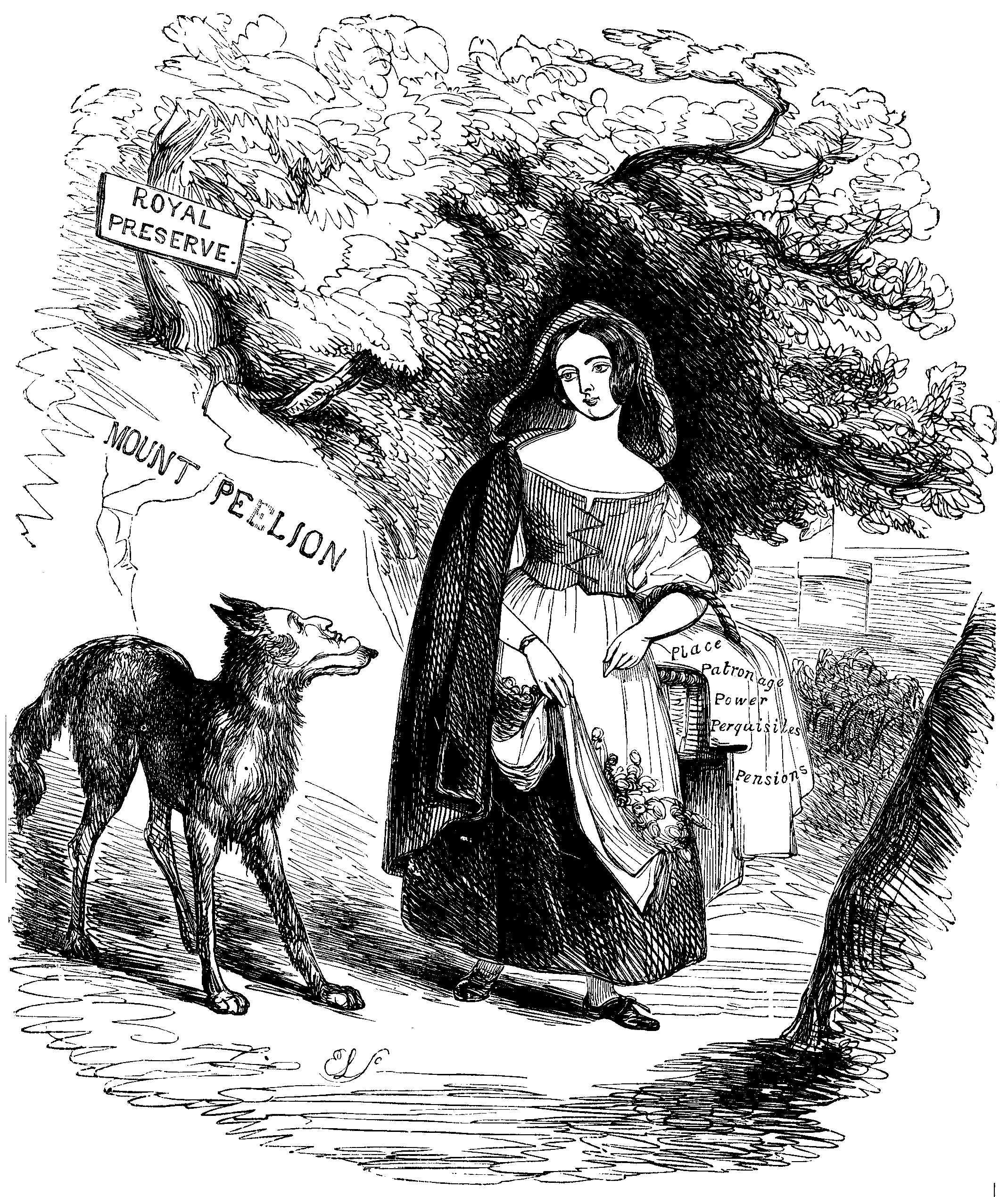 Red Riding Hood (the Queen) faces a wolf (Peel) in the Royal Preserve of Mount Peelion.