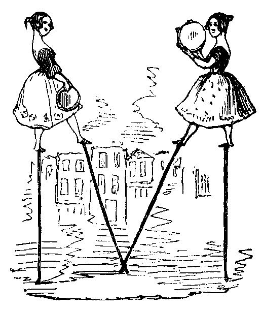 Two girls on stilts form a letter M