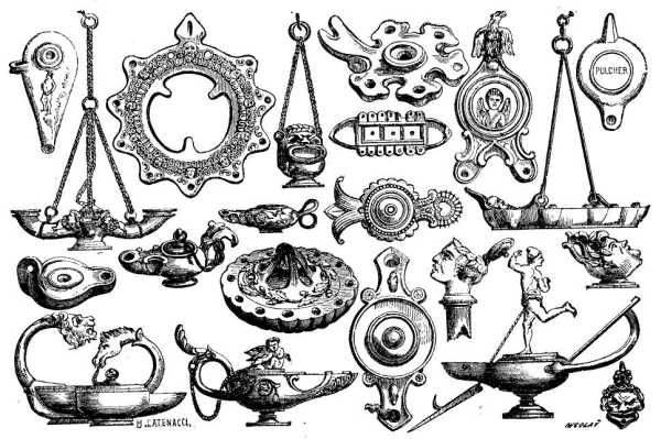 Lamps of Earthenware and Bronze found at Pompeii.