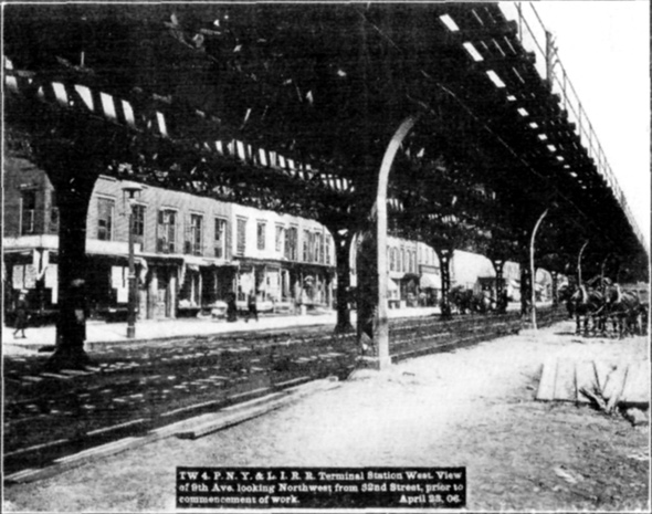 Plate XLVII, Fig. 1.— TW 4, P.N.Y. & L.I.R.R. Terminal Station West. View of 9th Ave. looking Northwest from 32nd Street, prior to commencement of work. April 23, 06.