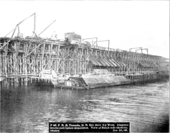 Plate LI, Fig. 3.— P 46. P.R.R. Tunnels, N.R. Div. Sect. Gy. West. Disposal trestle just before demolition. View of South side showing chutes. Jan. 21, 09.