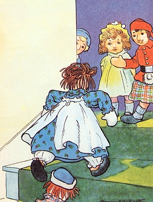 Raggedy Ann racing up the stairs