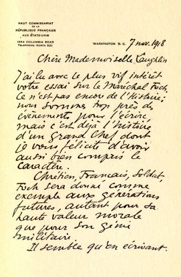 Page 1 of hand-written letter from Lt.-Colonel E. R�quin to Clara Laughlin.]
