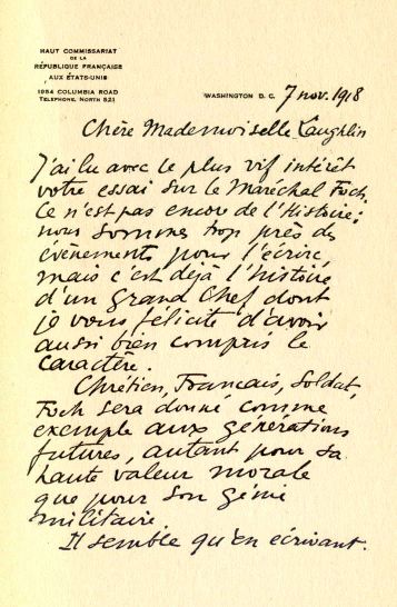 Page 1 of hand-written letter from Lt.-Colonel E. Réquin to Clara Laughlin.]