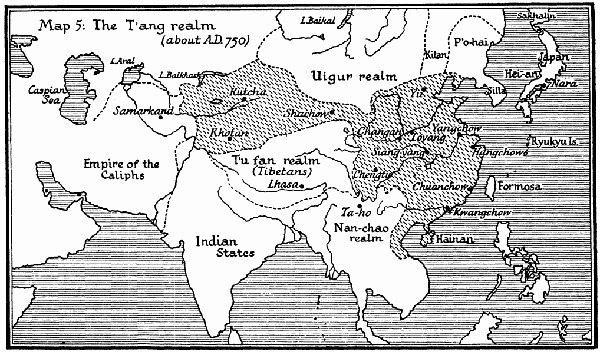 Map 5: The T'ang realm (about A.D. 750)