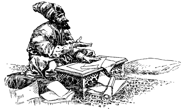 Illustration: A gentleman was seated at a table strewn with papers