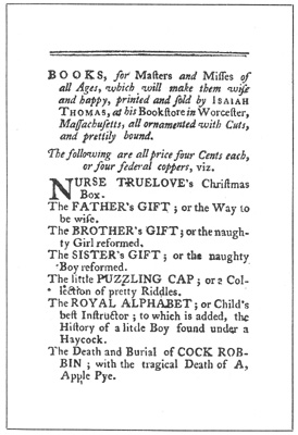 A page from a Catalogue of Children’s Books printed by
Isaiah Thomas
