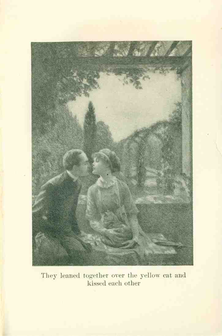 [Illustration: They leaned together over the yellow cat and
kissed each other]