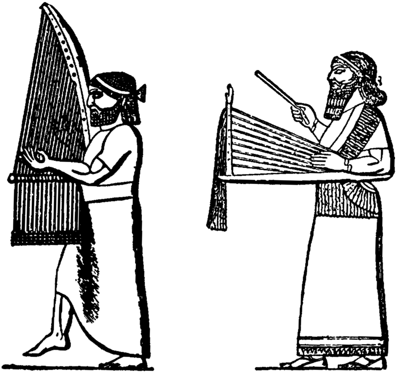 An Assyrian Upright Harp (left), An Assyrian Horizontal Harp (right)