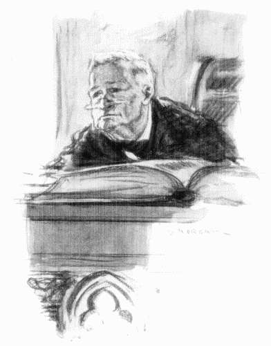 Judge Crutchfield—a white-haired, hook-nosed man of more than seventy, peering
over his eyeglasses with a look of shrewd, merciless divination