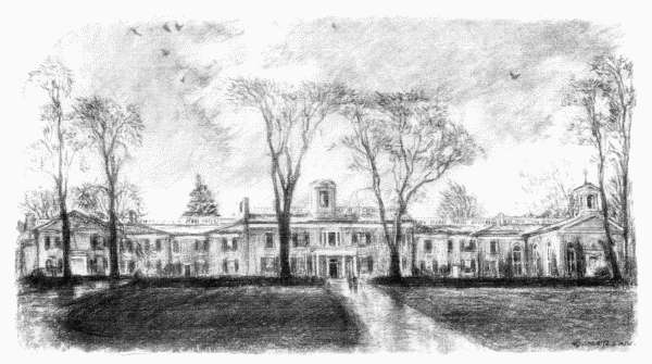 Doughoregan Manor—The house was of buff-colored brick. It was low and very long, with wings extending from
its central structure like beautiful arms flung wide in welcome