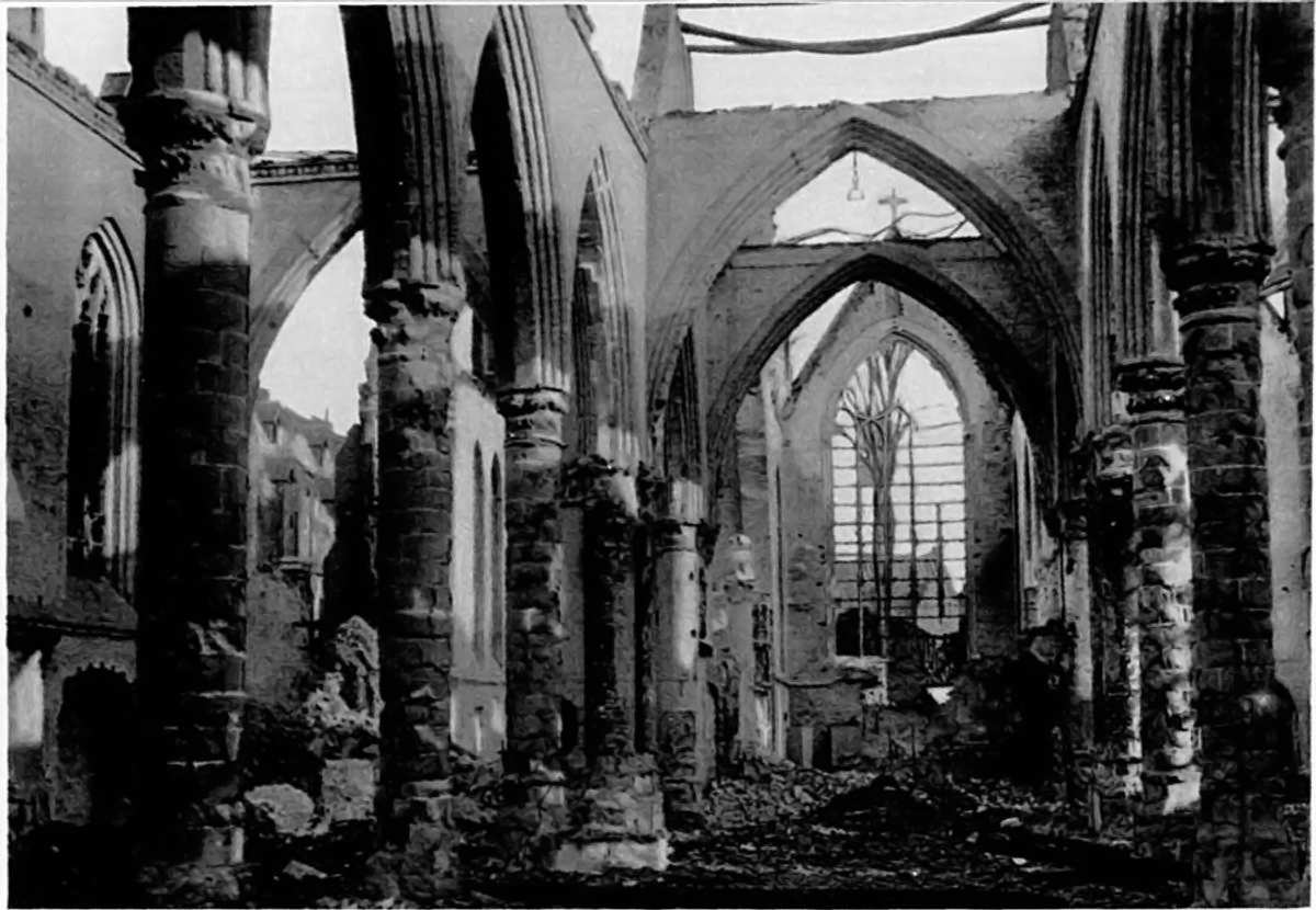 WRECKED IN THE MODERN, AND GREATER, BATTLE OF THE DUNES: IN THE RUINS OF THE FIFTEENTH-CENTURY CHURCH AT NIEUPORT.