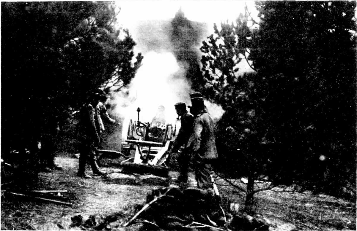 "BLACK MARIA'S" LITTLE BROTHER: ONE OF THE GERMAN 15-CENTIMETRE HEAVY POSITION-GUNS IN THE ACT OF FIRING.