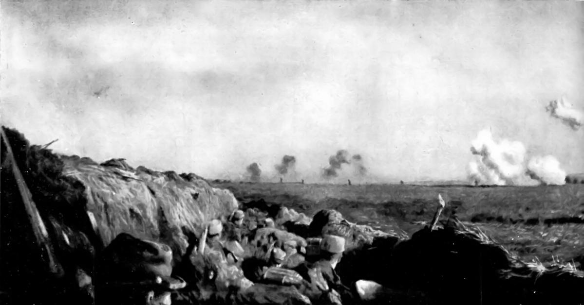 "SIX GERMAN SHELLS TO EVERY FRENCH SOLDIER"--SHRAPNEL AND HIGH-EXPLOSIVE BOMBS BURSTING IN THE OPEN: A PANORAMIC PHOTOGRAPH TAKEN DURING A BATTLE IN THE ARGONNE. (left half)