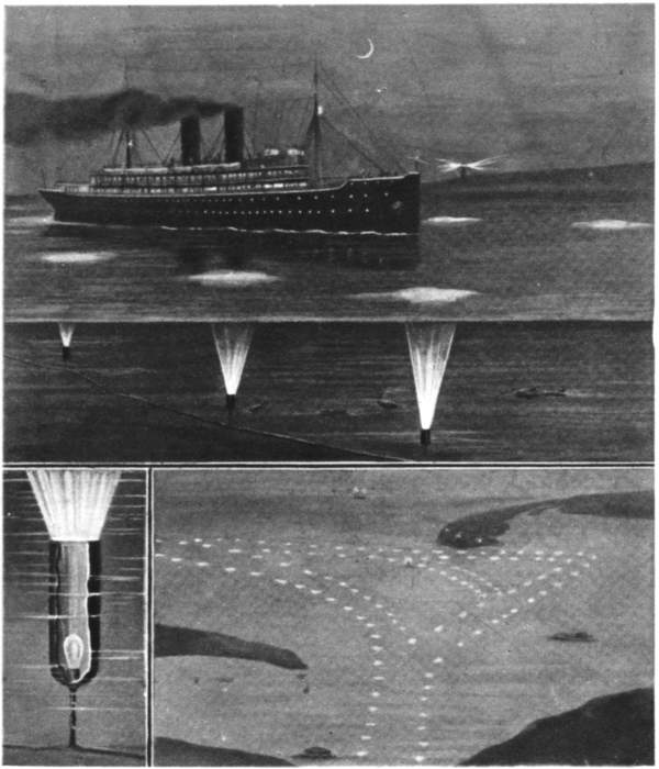 SUBMARINE LAMPS AS PILOTS: HARBOUR CHANNELS OUTLINED IN UNDER-WATER LIGHTS.