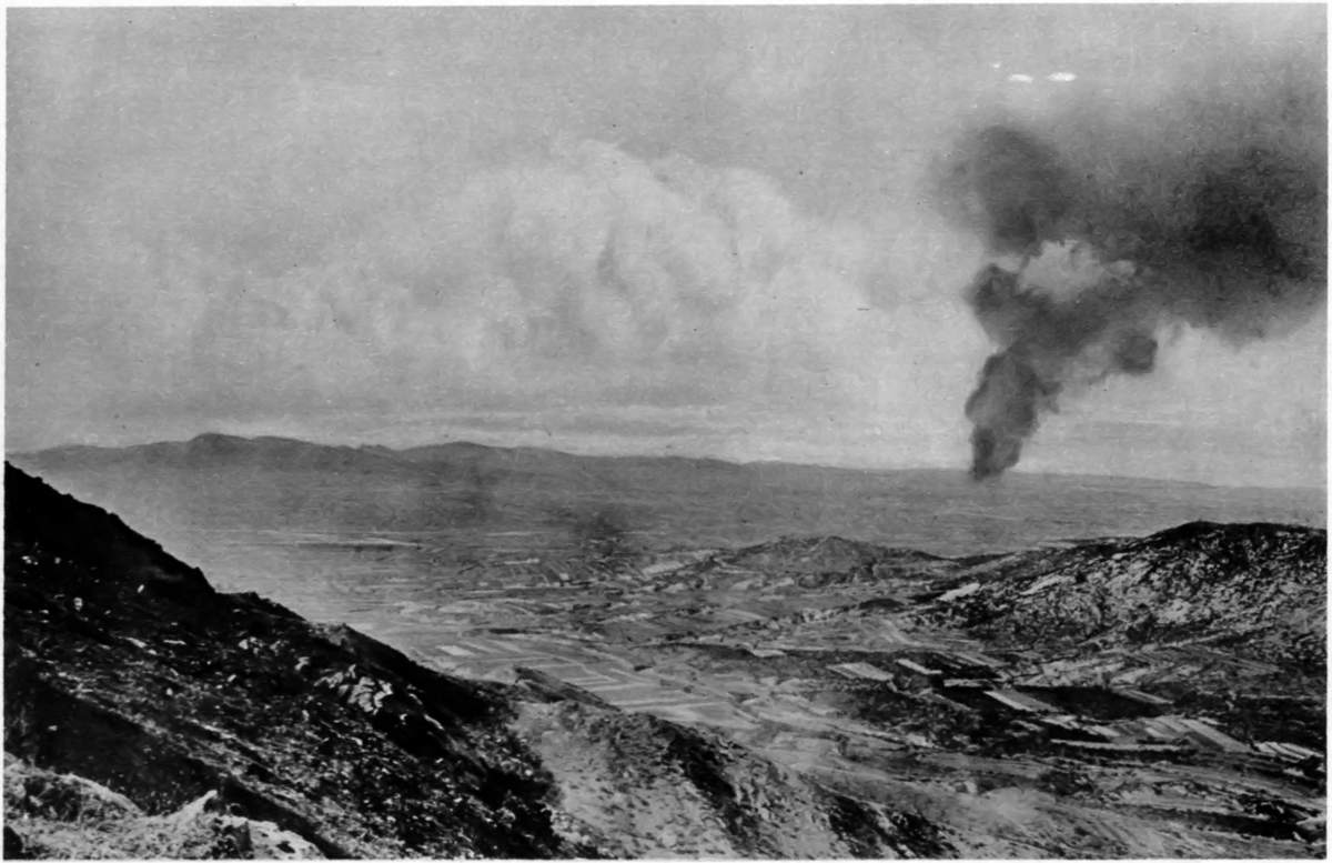 A GERMAN DREAM OF EMPIRE ENDS IN SMOKE: TSING-TAU SET ON FIRE BY SHELLS FROM JAPANESE HEAVY ARTILLERY.