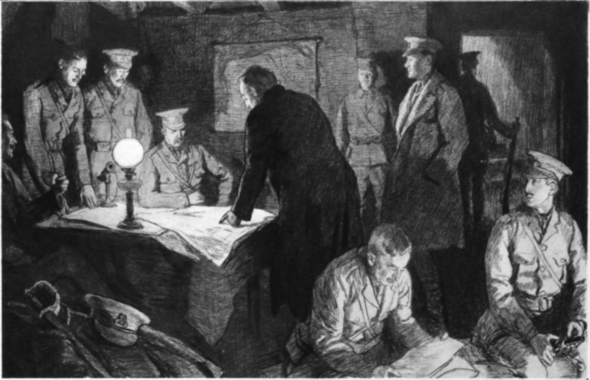 HEADQUARTERS UNDERGROUND: THE BRAIN OF THE BRITISH ARMY WORKING IN A SUBTERRANEAN ROOM, SAFE FROM SHELL-FIRE.
