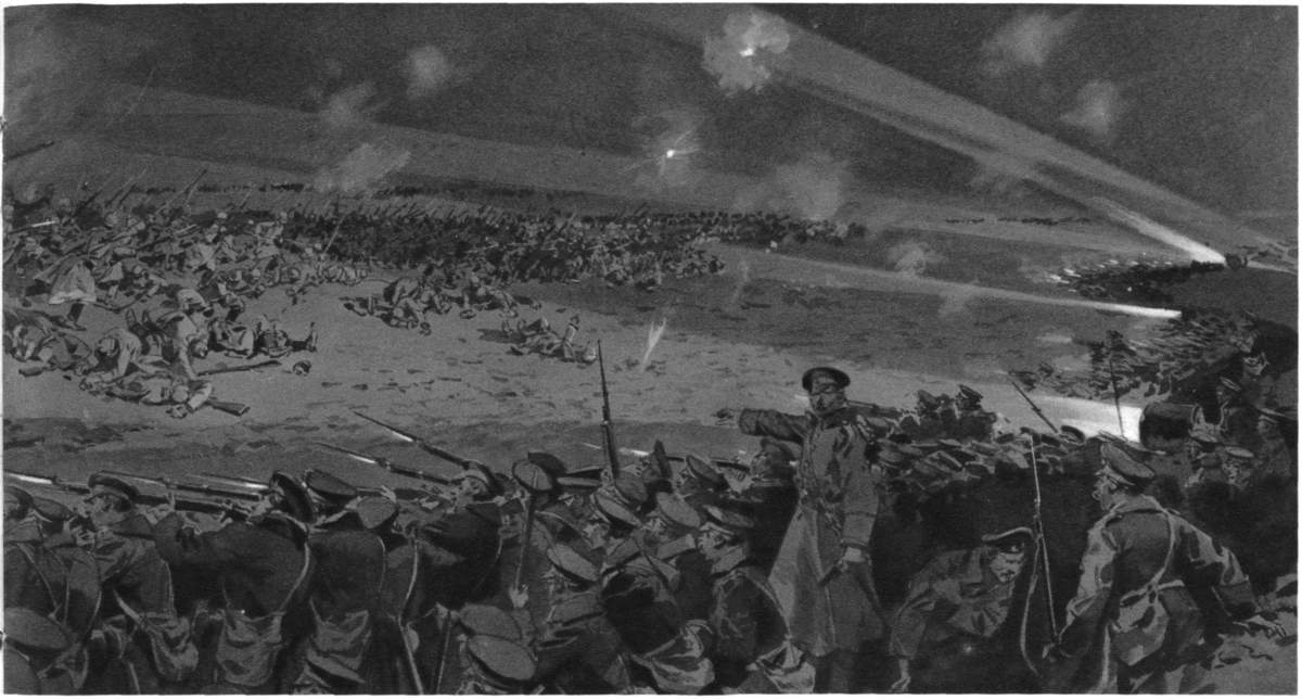 RUSSIAN INFANTRY SMASHING A GERMAN NIGHT-ATTACK IN MASSED COLUMNS, IN A BATTLE ON THE VISTULA. (right half)