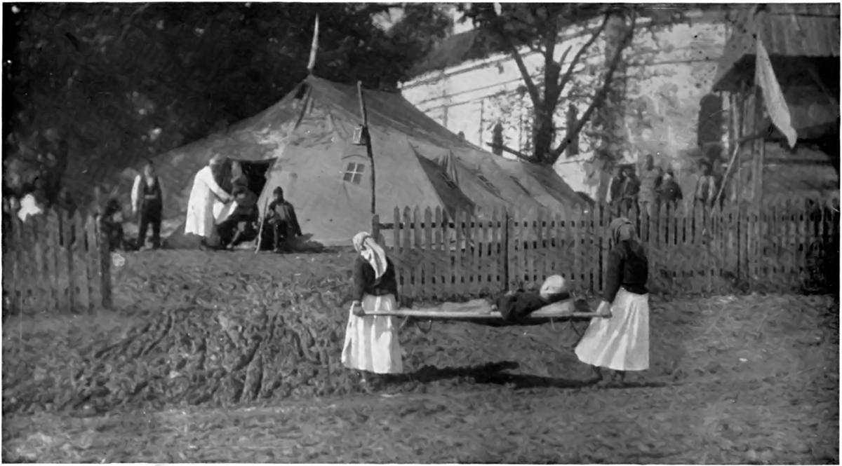 SERBIAN WOMEN IN THE FIELD WITH THEIR MEN: PEASANTS BRINGING A WOUNDED SOLDIER TO THE DRESSING-TENT.